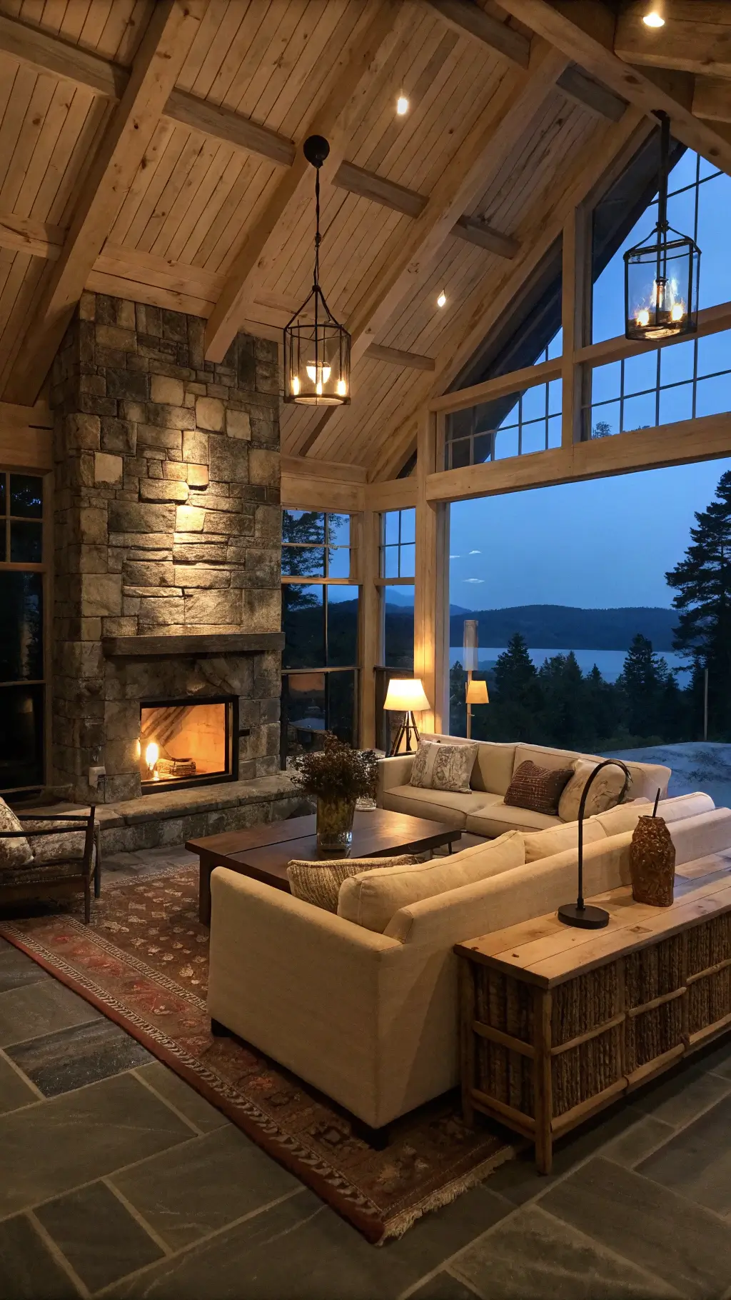 Cozy mountain retreat living room with stone fireplace and layered rugs
