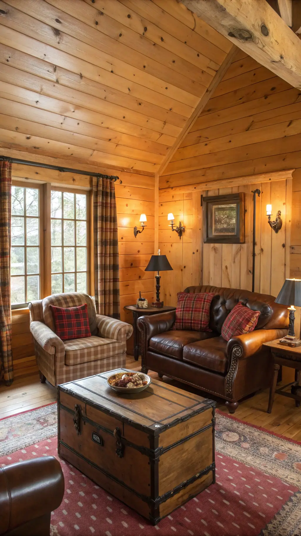 Cozy cabin living room with layered textures and natural decor