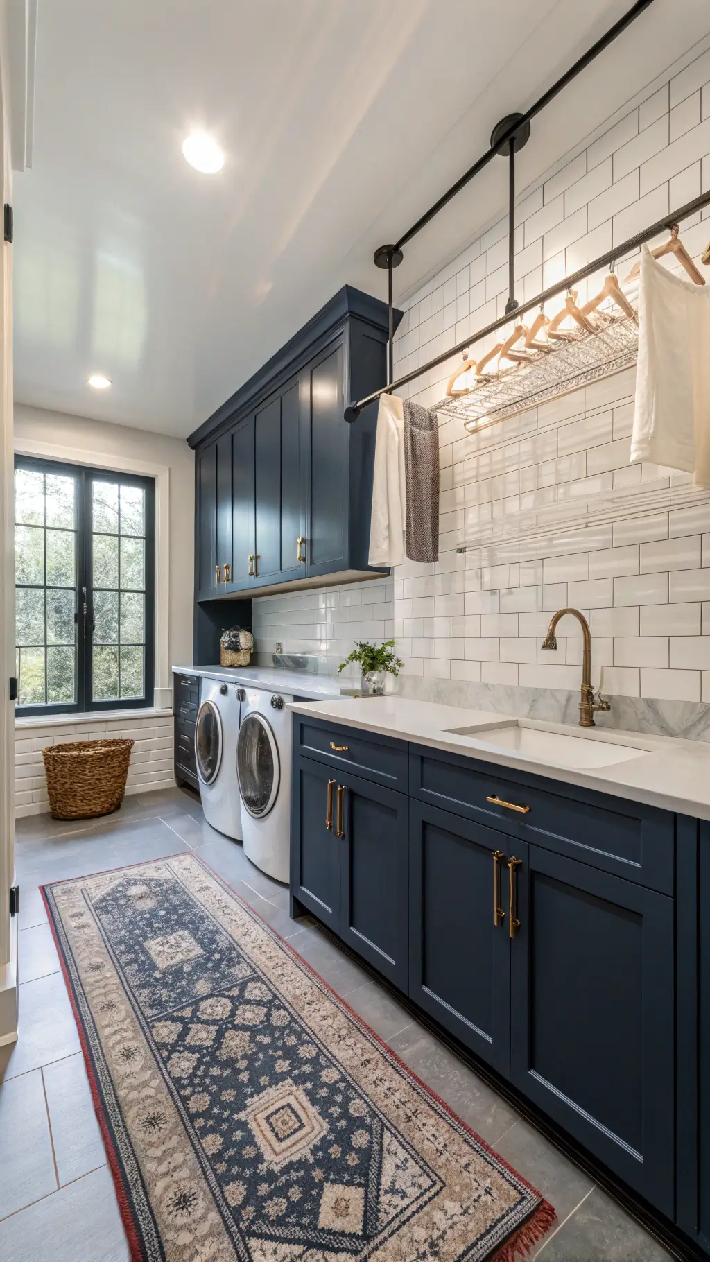 Elegant laundry room with navy shaker cabinets, white subway tile backsplash, marble countertops, utility sink, and vintage runner illuminated by natural light.