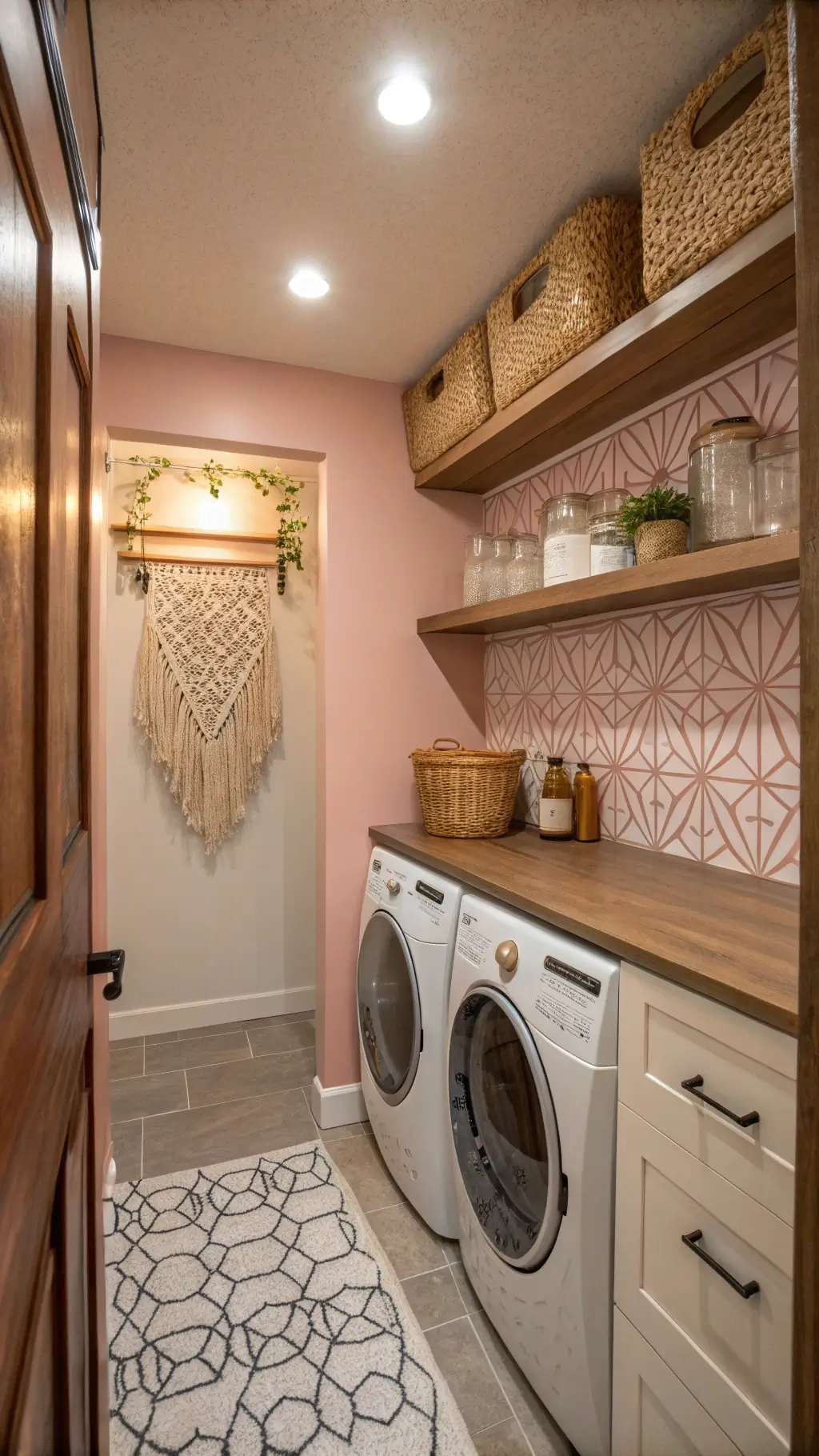 Laundry nook with tray ceiling, dusk LED lighting, blush pink walls, geometric wallpaper, stacked washer, floating wooden shelves, copper glass vessels, macramé wall decor, and terrazzo-look porcelain tiles.