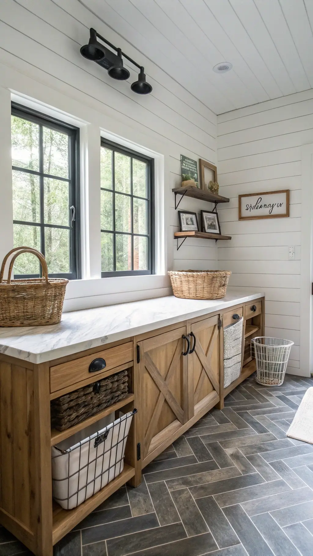 Farmhouse-style laundry room with white shiplap walls, black hardware, wooden folding island with marble top, wire basket storage, vintage accents, double windows, and herringbone slate tiles.