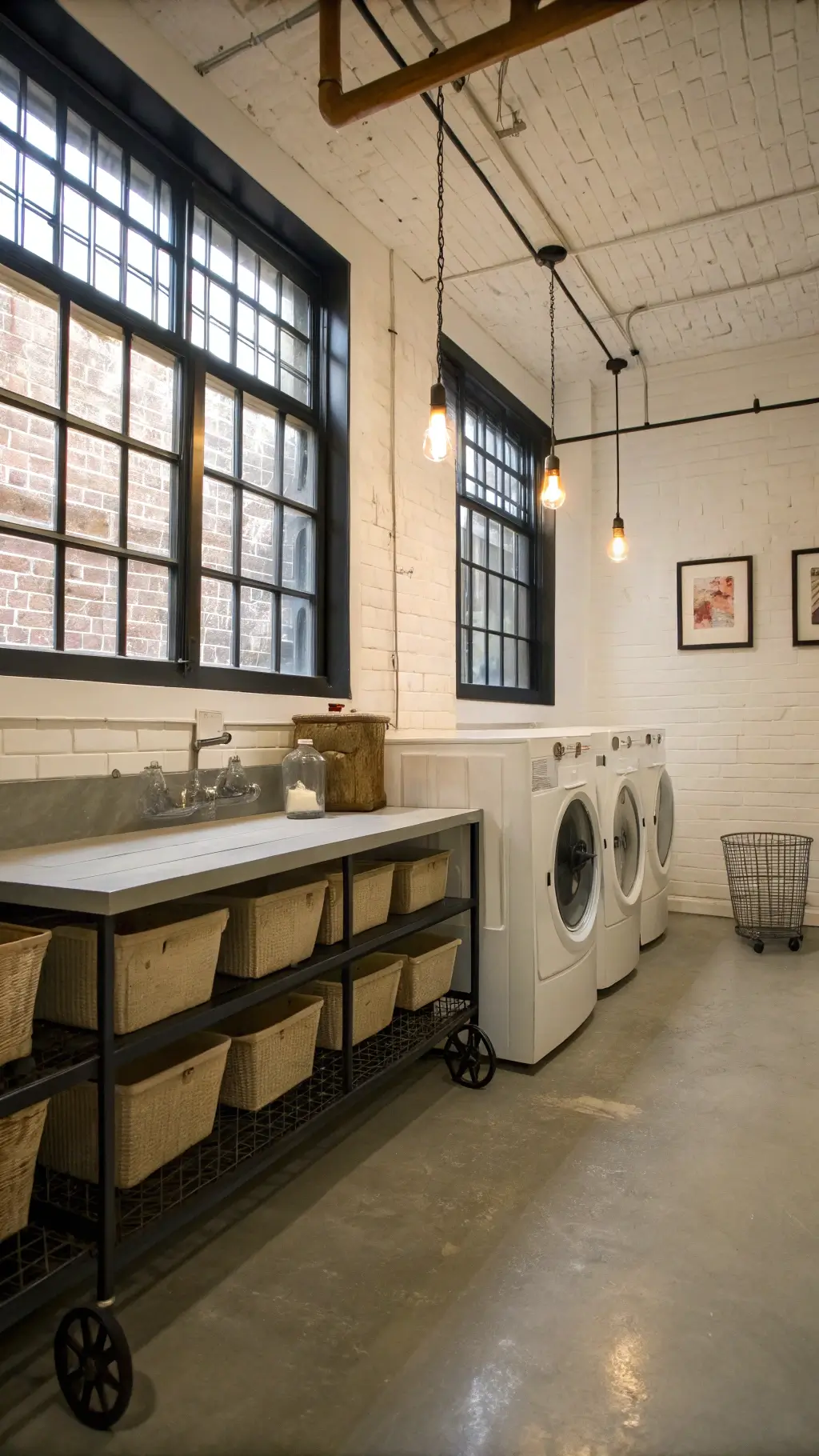 Industrial-chic basement laundry with glass block windows, white painted brick, black metal shelving, concrete countertops, brass rolling cart, and Edison bulb pendant lights.