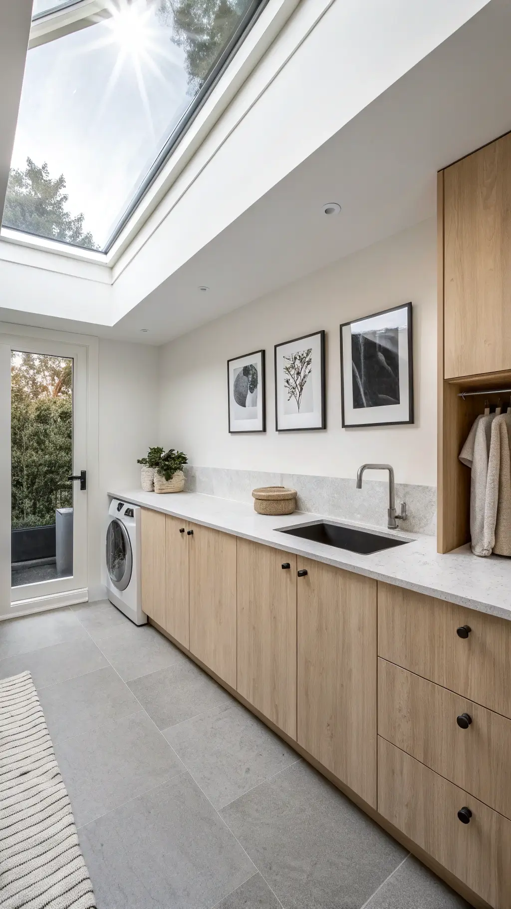 Scandinavian minimalist laundry room with pale oak cabinets, white concrete countertops, built-in drying cabinet, and abstract artwork illuminated by natural light.