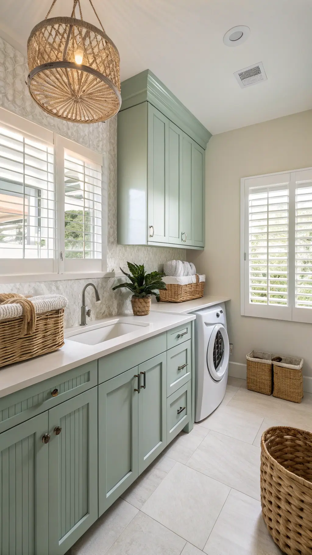 Contemporary coastal laundry room with sea glass green cabinets, white quartz countertop, woven pendant light, rattan baskets, driftwood art, and sunlit sandy beige tile flooring.