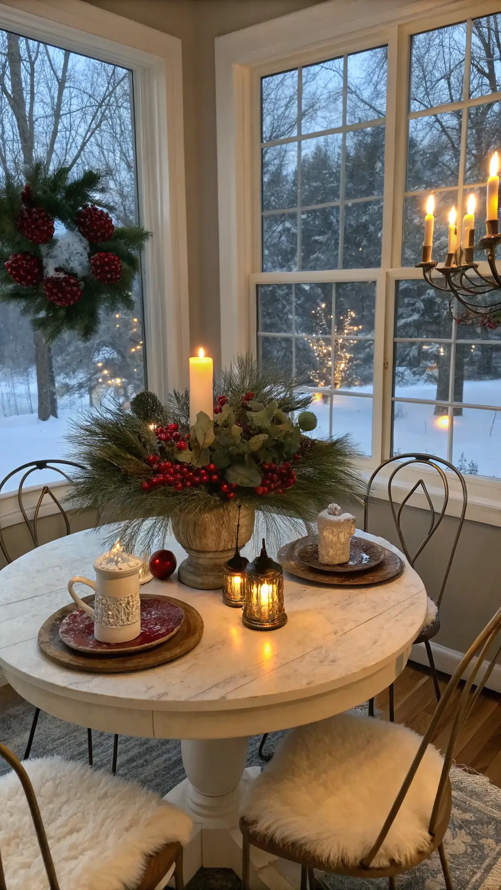 Cozy bedroom decorated for Christmas with fairy lights and wreath