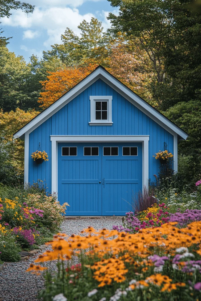 Vibrant Blue Farmhouse Garage Exterior