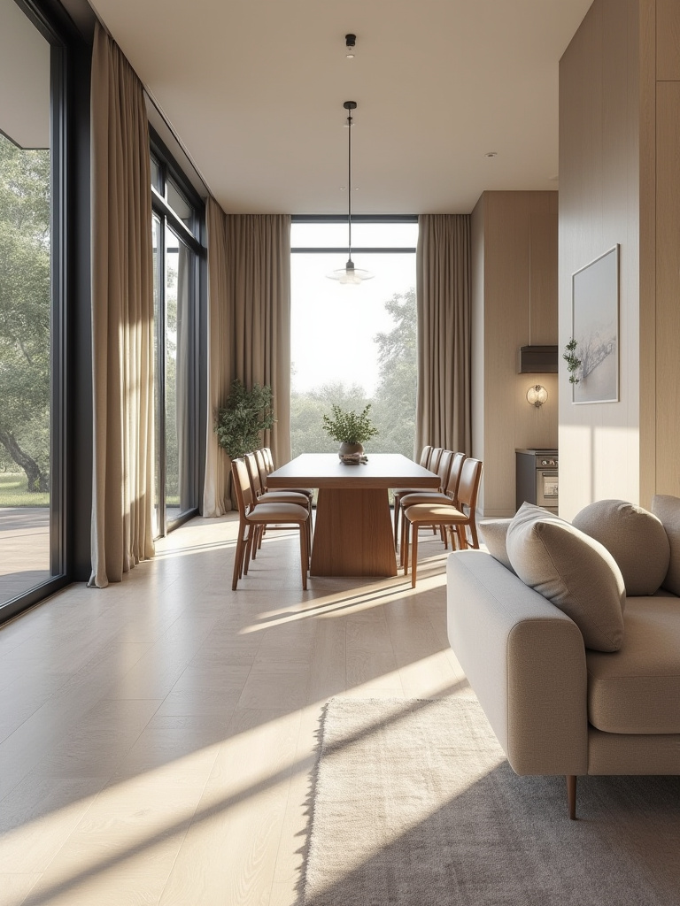 Dining room with open pathways and balanced spacing for optimal layout.
