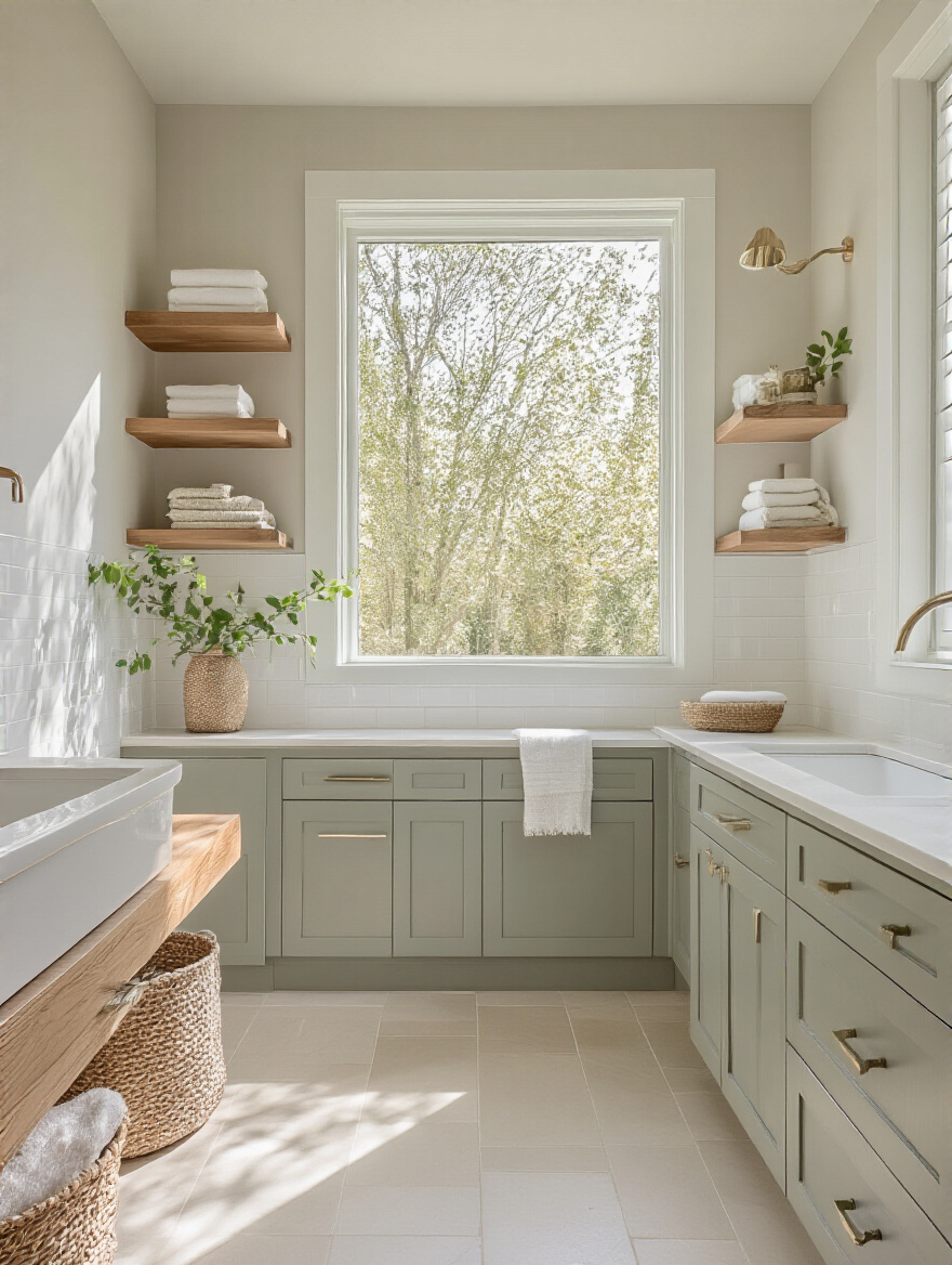 Modern bathroom interior showcasing a harmonious cohesive color palette with soft neutral walls, muted cabinetry, wood accents, and greenery under natural lighting