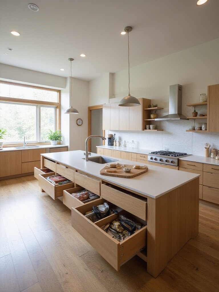 Contemporary kitchen island designed for food prep with integrated sink and ample storage.