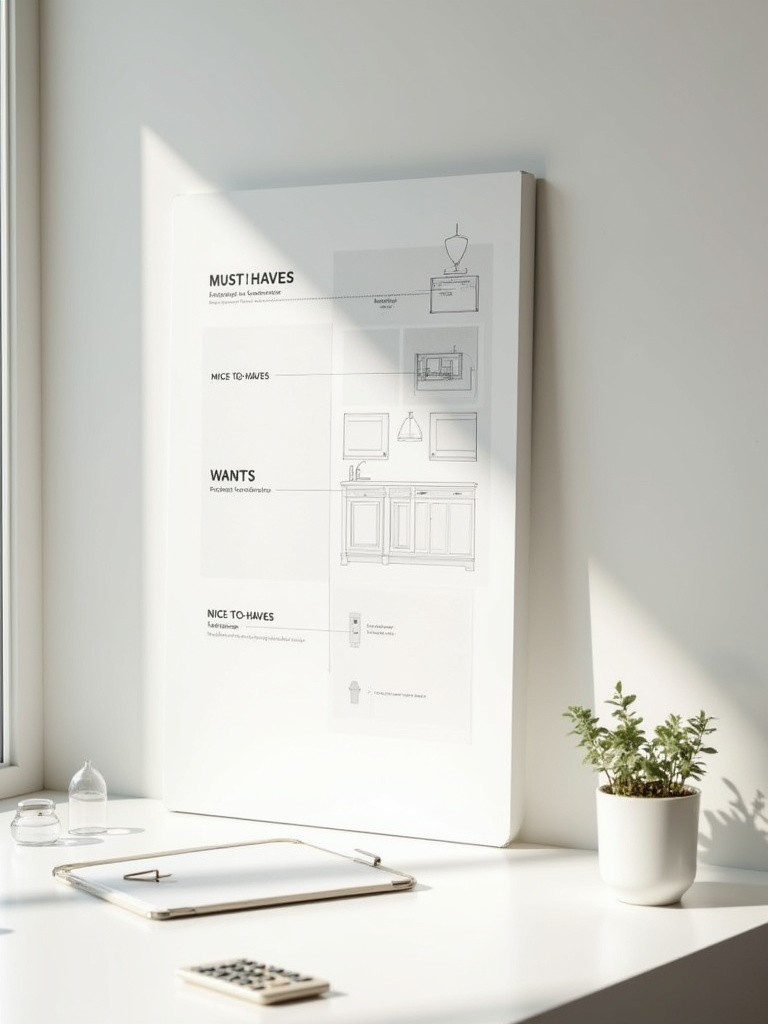 Organized kitchen renovation planning board showing sections for'Must-Haves,''Wants,' and'Nice-to-Haves' with visual examples for each category. Modern design focus.