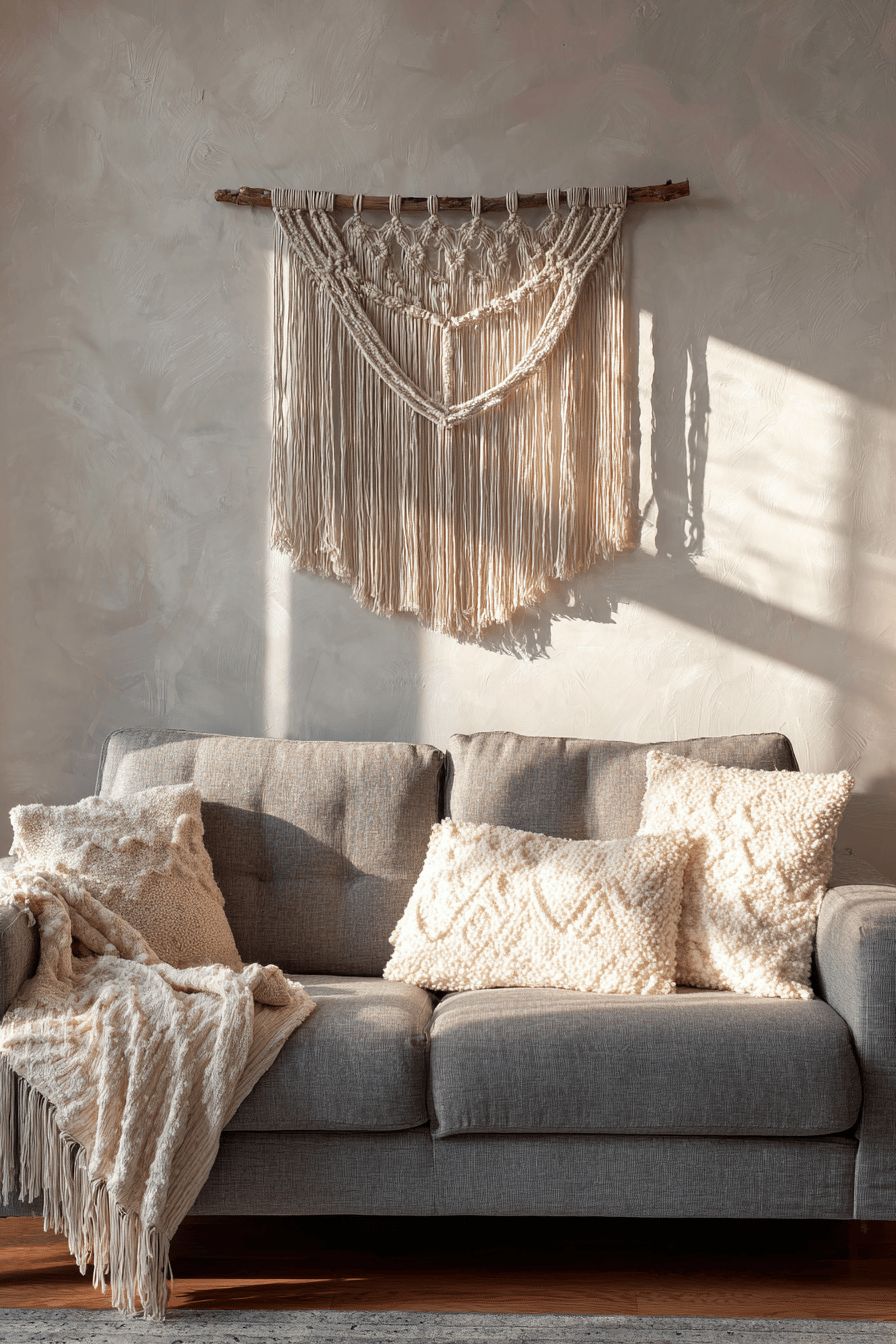 Macramé Wall Hanging Above Sofa