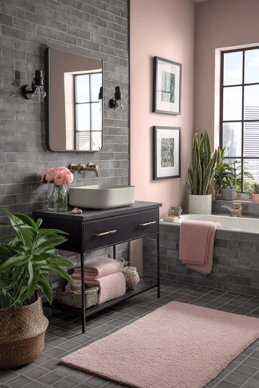 Grey Tiles and Pink Paint Bathroom Walls