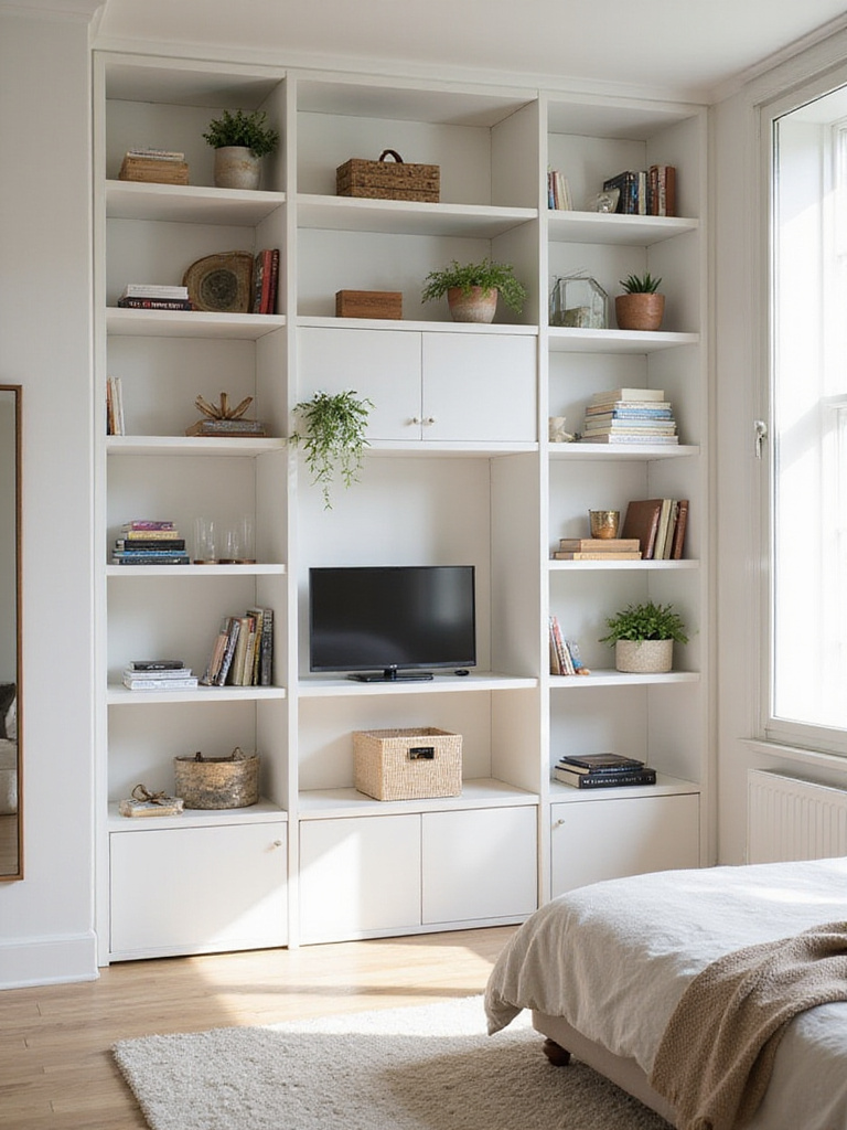 Small bedroom with floor-to-ceiling white bookshelf for vertical storage