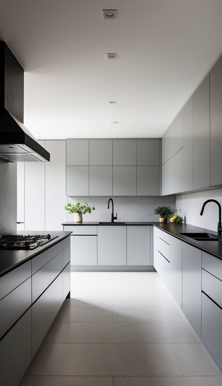 A spacious, sleek kitchen with 21 light gray cabinets, clean lines, and minimal decor