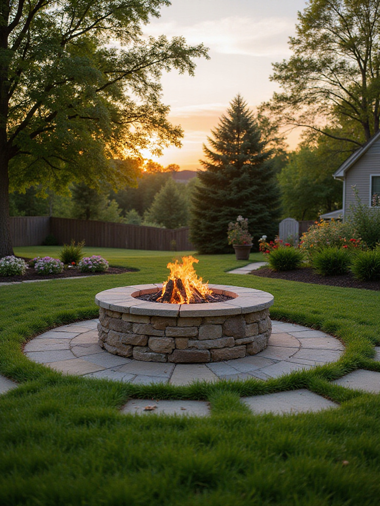 Backyard showcasing ideal fire pit placement balancing safety and enjoyment.