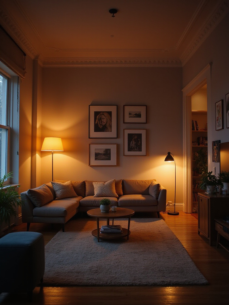 Living room with layered lighting: warm ambient light, bright task light, and accent lights highlighting artwork.