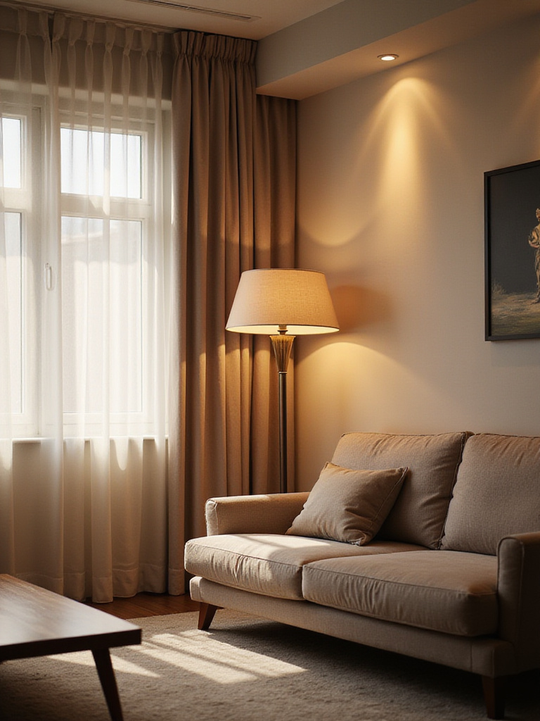 Living room with layered lighting scheme showcasing ambient, task, and accent lights.