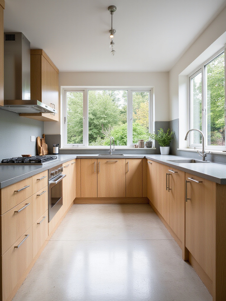 Modern L-shaped kitchen layout with light wood cabinets and ample natural light