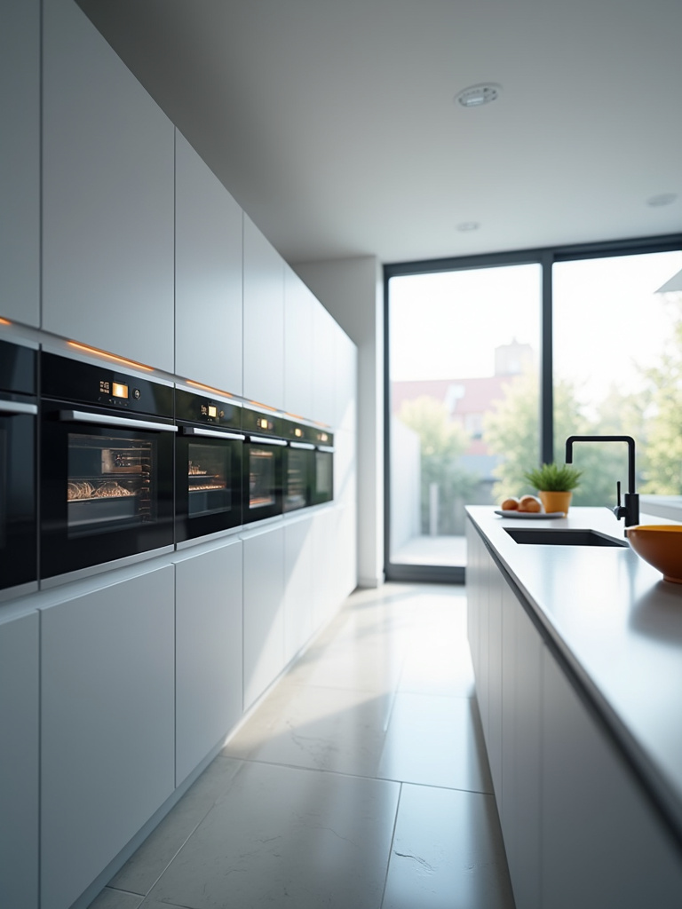 A bright, modern kitchen featuring integrated smart appliances with glowing digital interfaces, bathed in soft natural light.