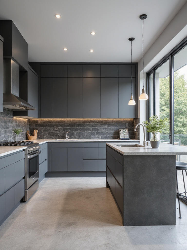 Modern kitchen interior featuring a sophisticated monochromatic grey color scheme with sleek cabinets and stainless steel appliances.