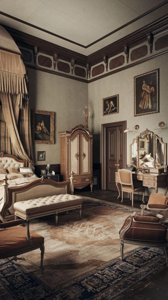 A Victorian bedroom with a grand four-poster bed draped in fabric, dark wood wardrobe, and classic dressing table with mirror and stool, decorated with framed paintings and patterned rug.