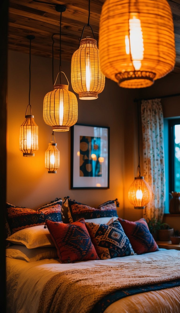 Lanterns hanging from the ceiling casting warm light in a cozy boho bedroom