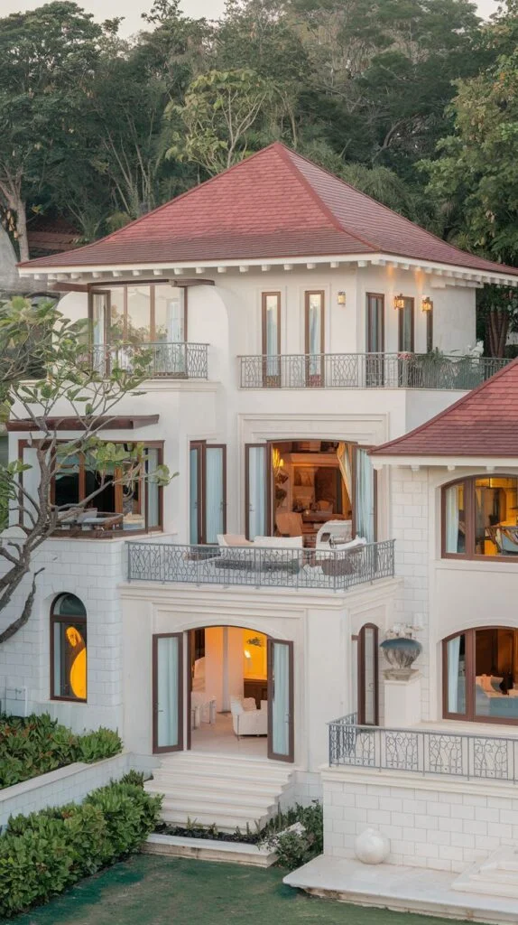 Multi-story tropical villa facade with red tile roof, white walls, and wrought iron balconies.