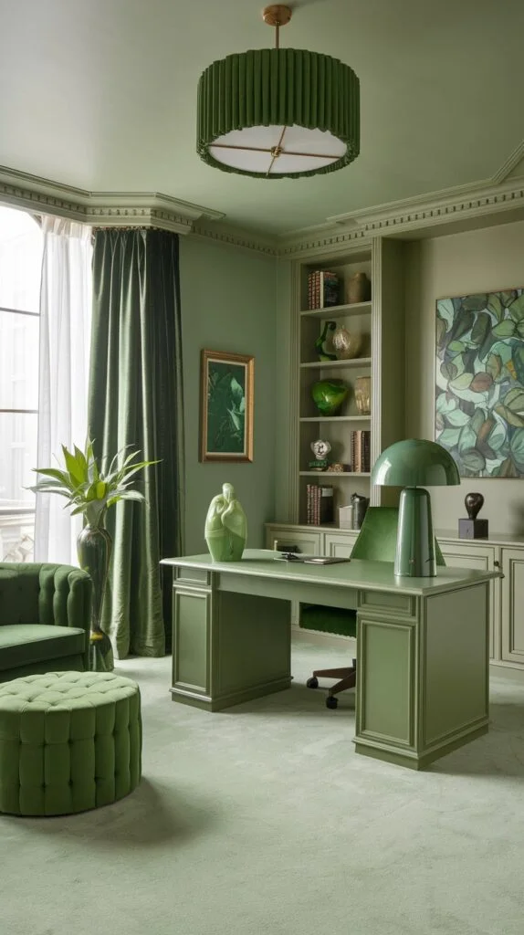 A comfortable green home office featuring sage green walls, a large green desk, a matching office chair, and a plush green tufted ottoman. The room exudes a sense of relaxation with its coordinated green furnishings and soft lighting, creating an inviting atmosphere.