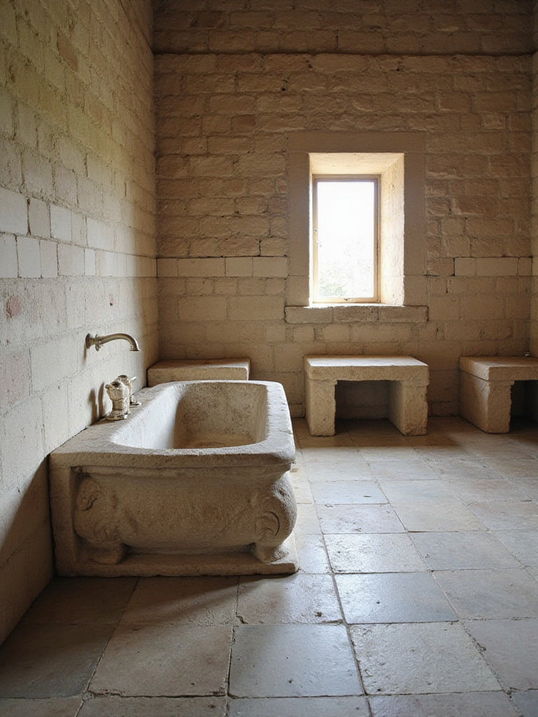 Ancient Roman private bathroom with a large marble bathtub, stone floors, and natural lighting.