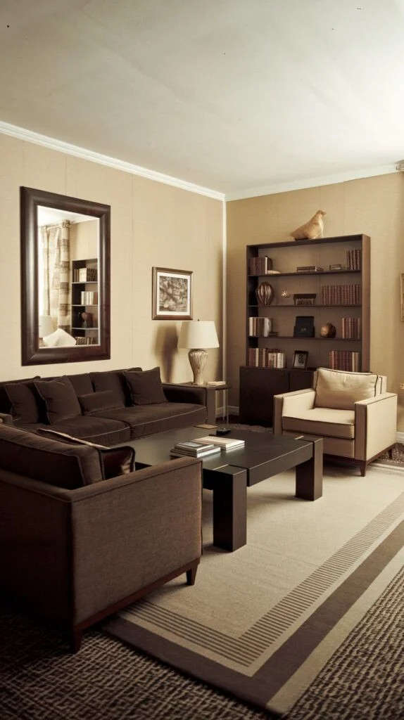A radiant 80s living room featuring a dark brown sectional sofa and a lighter beige armchair. A dark wooden coffee table sits in the center, with a tall dark wooden bookshelf against the far wall. A large, dark-framed mirror hangs on the left wall, reflecting the space and adding to the room's radiant ambiance. The floor is covered by a light-colored rug with darker stripes, over a patterned carpet, creating a classic and comfortable atmosphere.