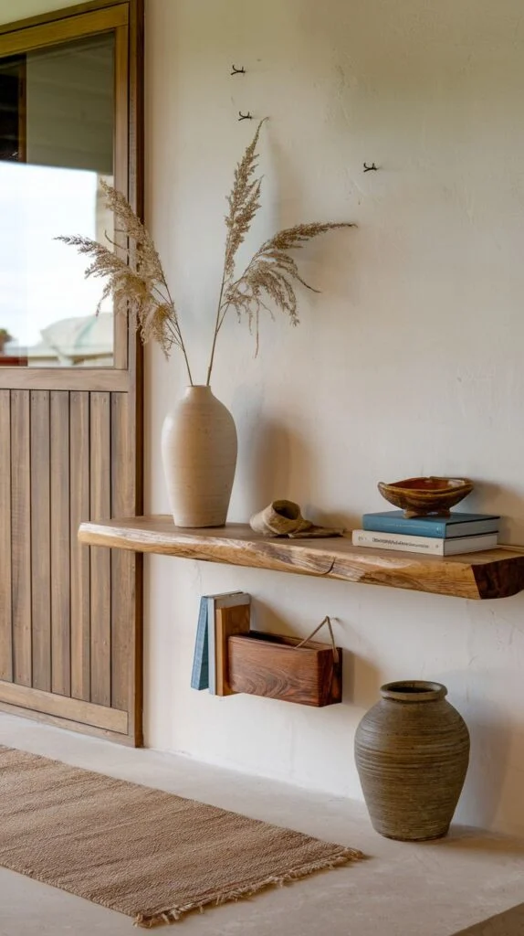 A hallway space featuring a natural wooden floating shelf adorned with a gentle arrangement of dried pampas grass in a cream vase, stacked books, and small ceramic decor, with a large textured pot on the floor.