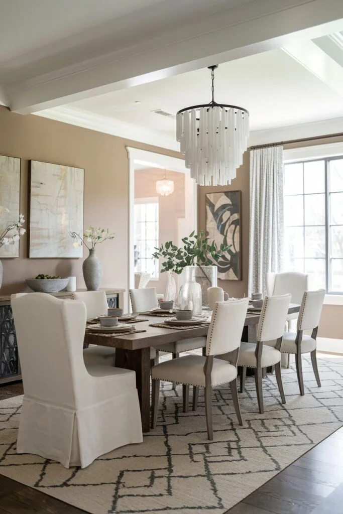 Modern farmhouse dining room with wooden table and cream upholstered chairs