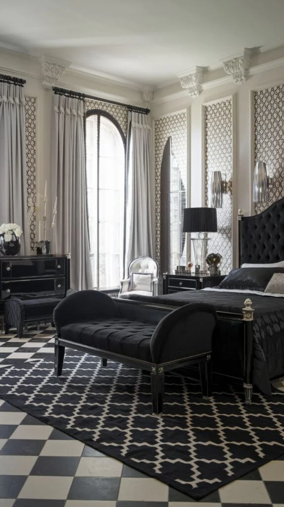 Elegant black bedroom with tufted bed and bench on black and white checkered floor