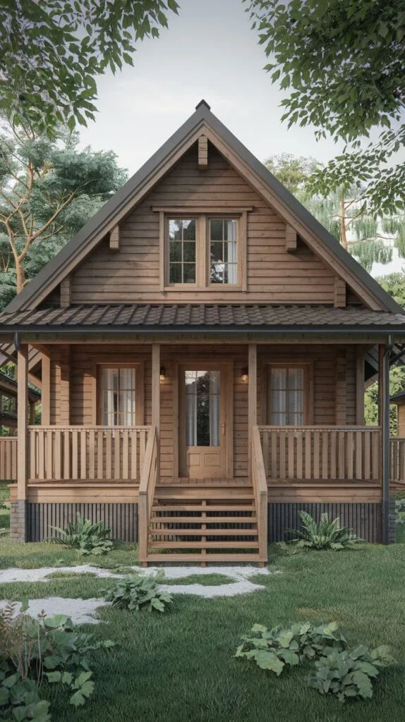 A Scandinavian cottage with brown wooden siding, a steep gable roof, and a welcoming front porch with a railing, surrounded by green foliage.