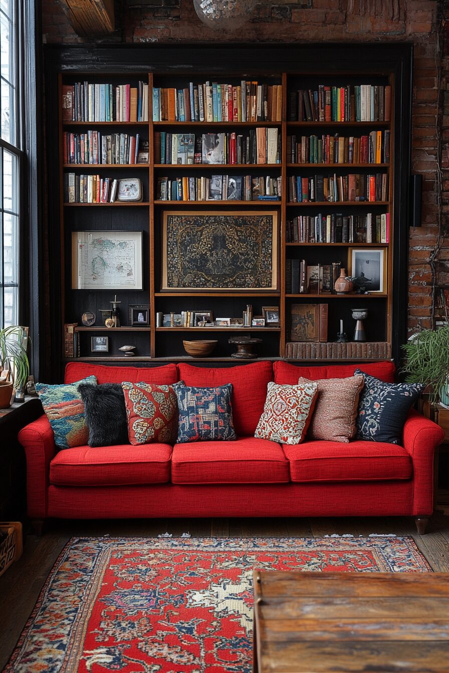 red couch living room