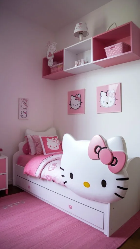 A minimalist Hello Kitty bedroom with a white bed featuring a sculpted Hello Kitty headboard, pink and white bedding, and built-in storage drawers. Pink and white shelves display Hello Kitty decor, complemented by a soft pink rug.