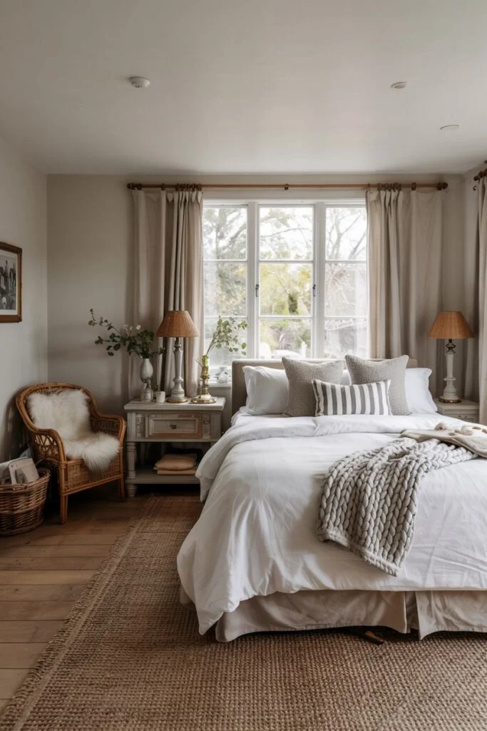 Farmhouse master bedroom with white bedding, striped pillows, grey knit throw, woven chair with sheepskin, and jute rug on dark wood floors.