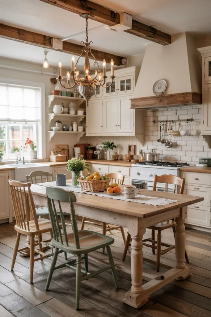 Rustic farmhouse kitchen table with mixed chairs in a room with exposed beams and a chandelier.