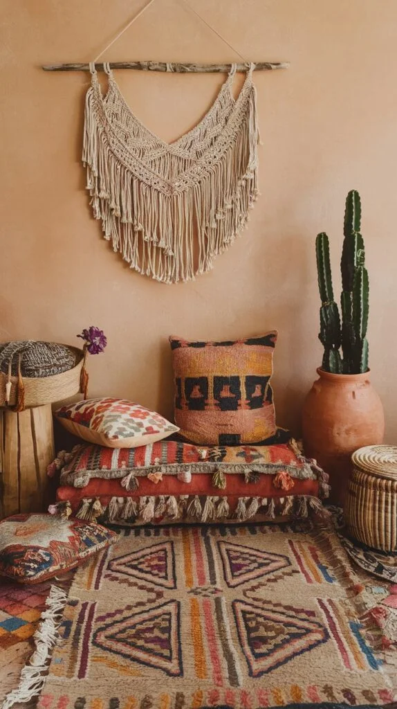 Bohemian corner featuring a large macramé wall hanging, colorful cushions, geometric rug, tall cactus, and woven basket against warm walls.
