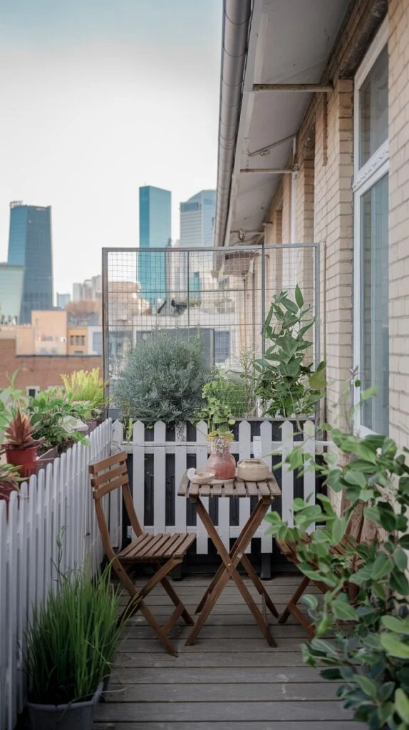 A tiny apartment balcony features a white picket fence with a city skyline view in the background. It is furnished with a small wooden table and two chairs, surrounded by various potted plants on the wooden floor.