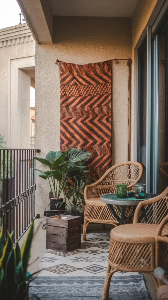 Small balcony with two rattan chairs, round table, wooden crate, and large plant with patterned wall hanging creating a warm vibe.