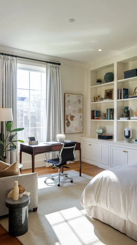 Bright guest bedroom with dark wood desk and white built-in bookshelves