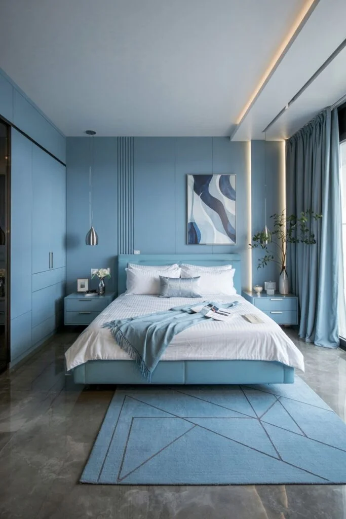 Modern light blue bedroom with minimalist furniture and abstract artwork.
