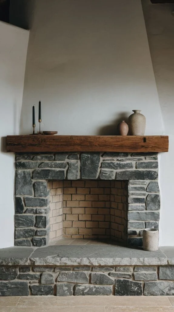 Minimalist dark stone fireplace with rustic wood mantel and simple decor