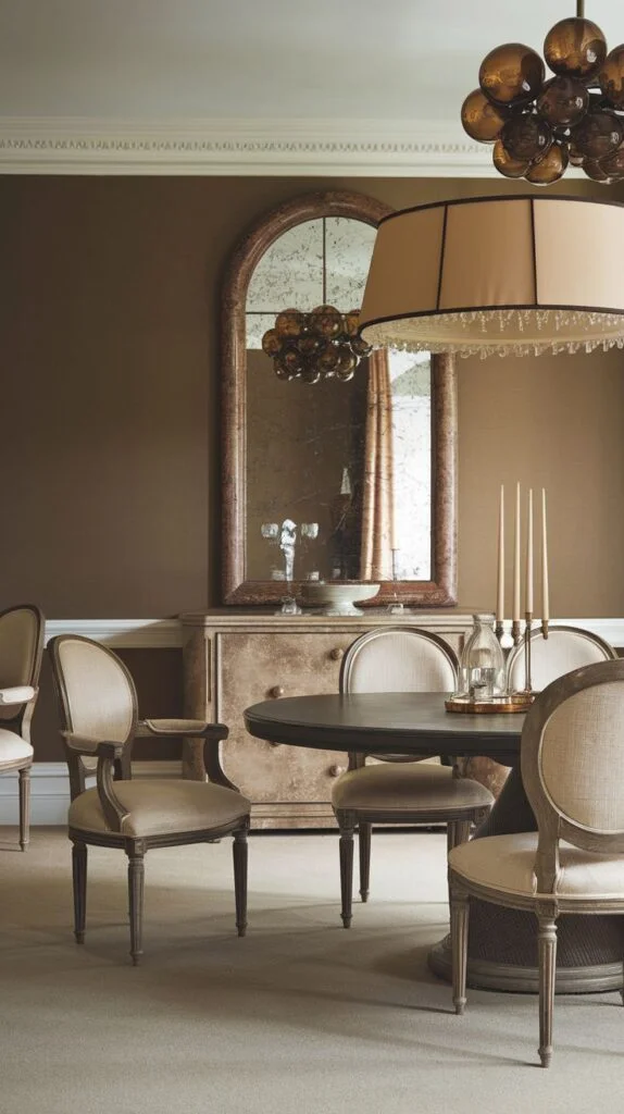 Elegant French dining room with round wooden table, upholstered chairs, ornate mirror, and crystal chandelier