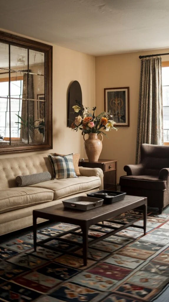 A cozy vintage living room featuring a light-colored tufted sofa, a dark brown armchair, and a dark wooden coffee table on a colorful patterned rug. A large, ornate mirror reflects light, and a vase of flowers adds a touch of natural beauty to this inviting space.