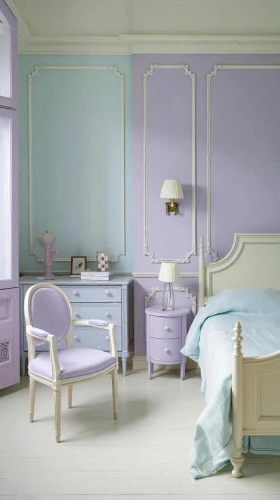 Pastel bedroom with lilac and mint green walls, white molding, and coordinating pastel furniture