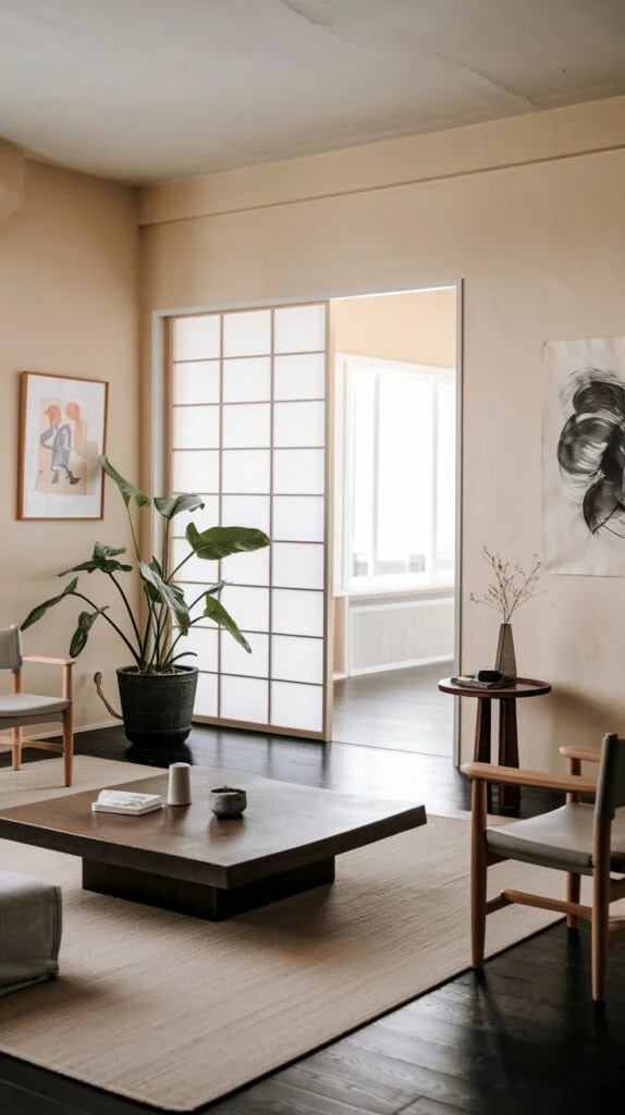 Minimalist Japandi living room with shoji screen and large plant