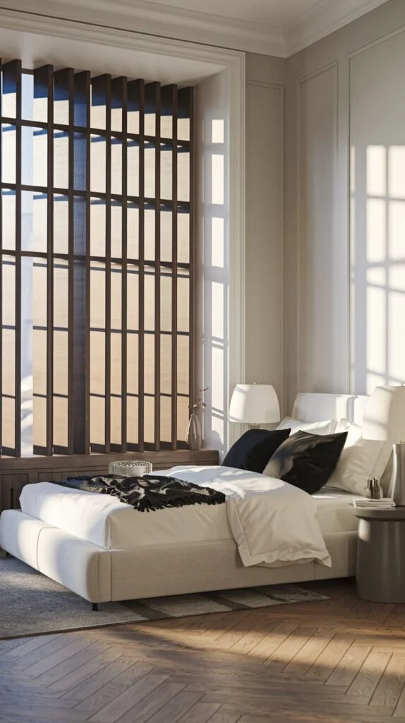 Contemporary bedroom with minimalist white bed and dark wooden slatted blinds allowing natural light