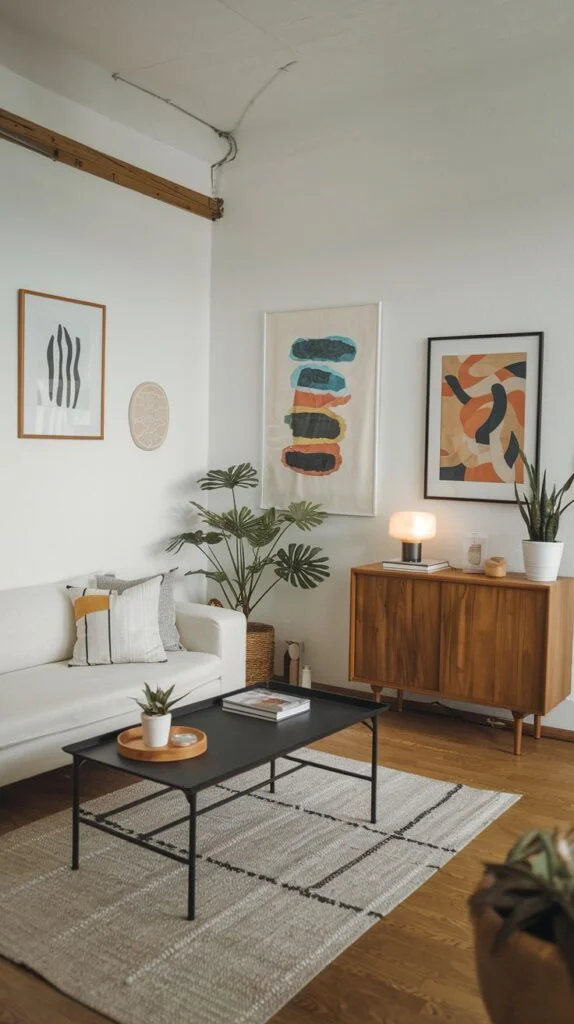 A dazzling living room in an apartment featuring a white sofa, a black coffee table, a wooden credenza, and abstract art pieces on the white walls. A large potted plant sits beside the sofa, and a patterned rug covers the floor.